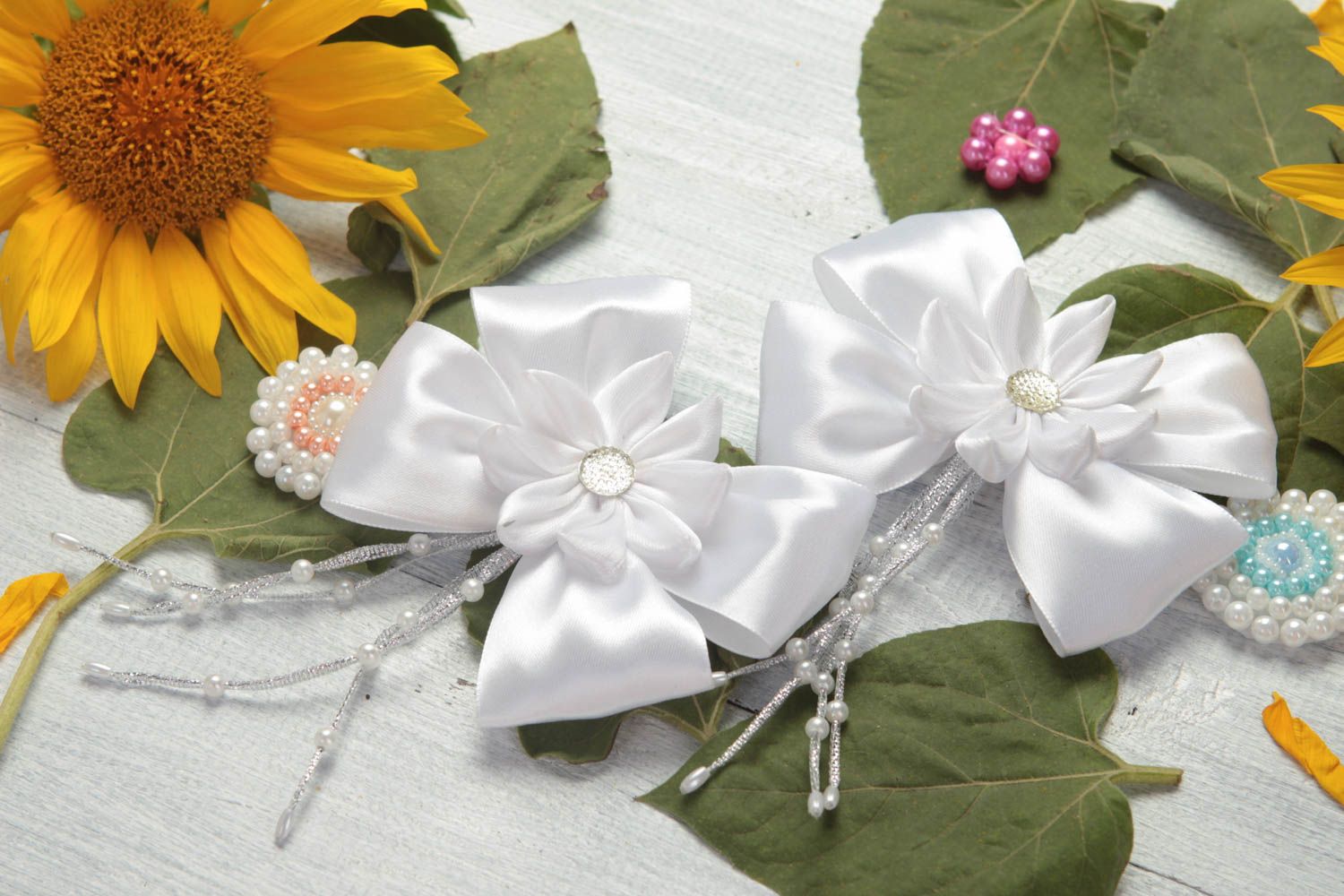 White hair clips with bows stylish festive accessories set of 2 pieces photo 1