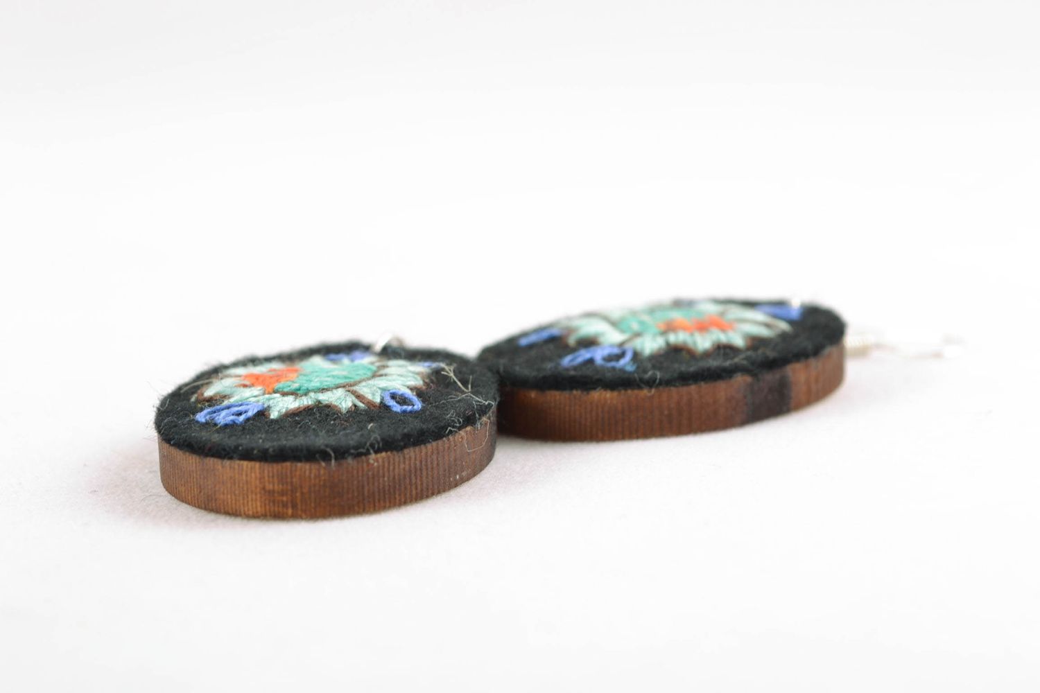 Oval earrings made of wood and felt with embroidery photo 3