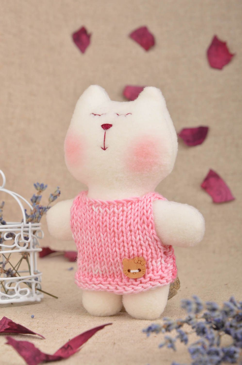 Künstlerisches Kuscheltier aus Stoff Fleece rosa Katze Designer Handarbeit  foto 1