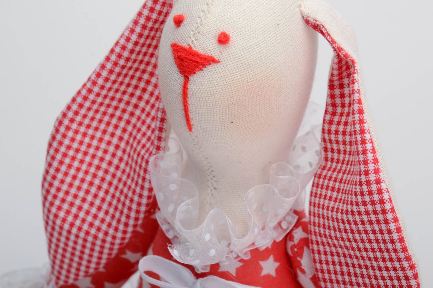 Handmade cotton fabric soft toy rabbit with checkered ears in red dress  photo 3