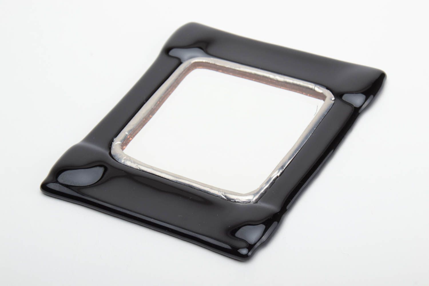 Beautiful square handmade designer women's pocket mirror in black fused glass frame photo 2