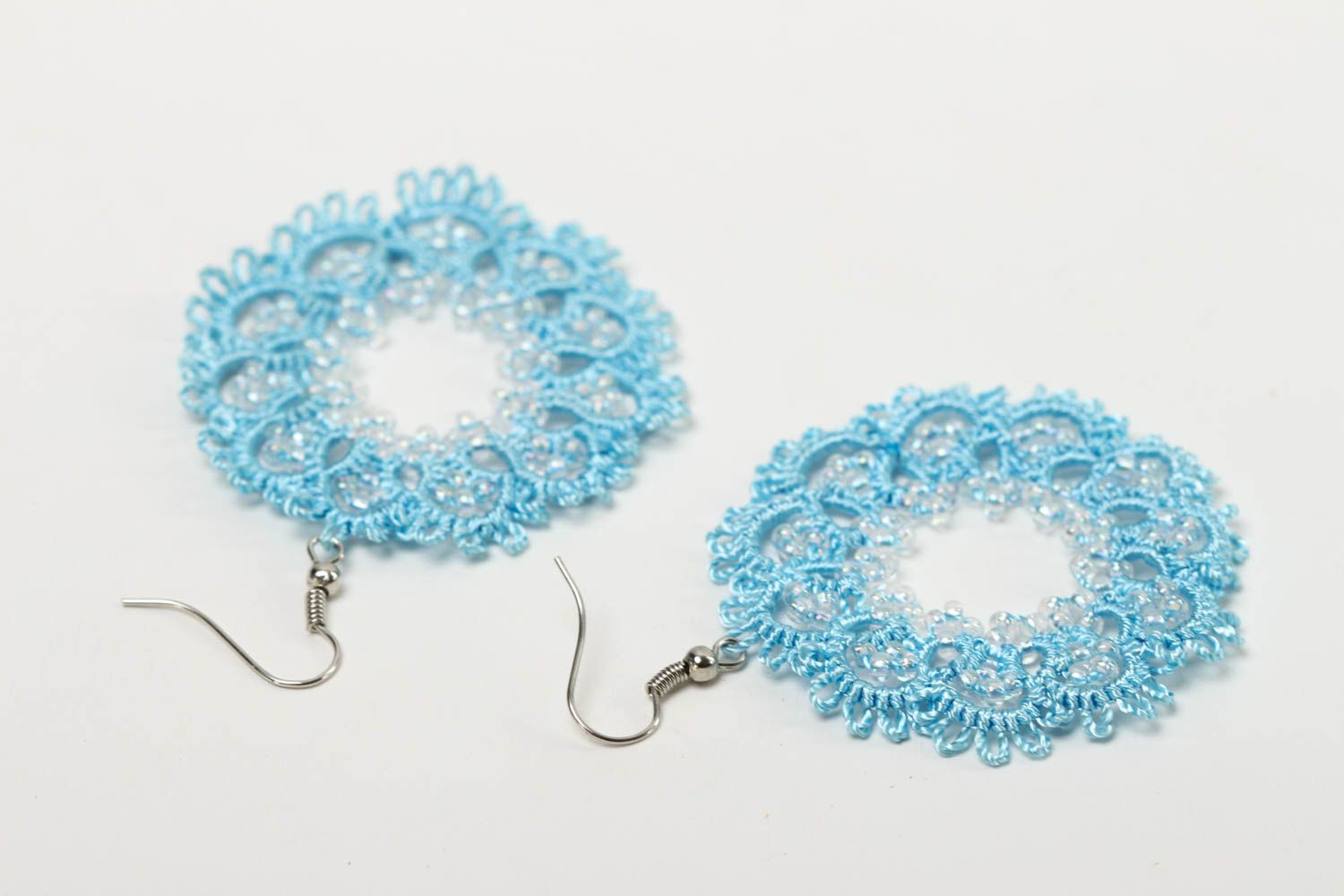 Blue handmade tatting earrings woven earrings ideas textile jewelry designs photo 4