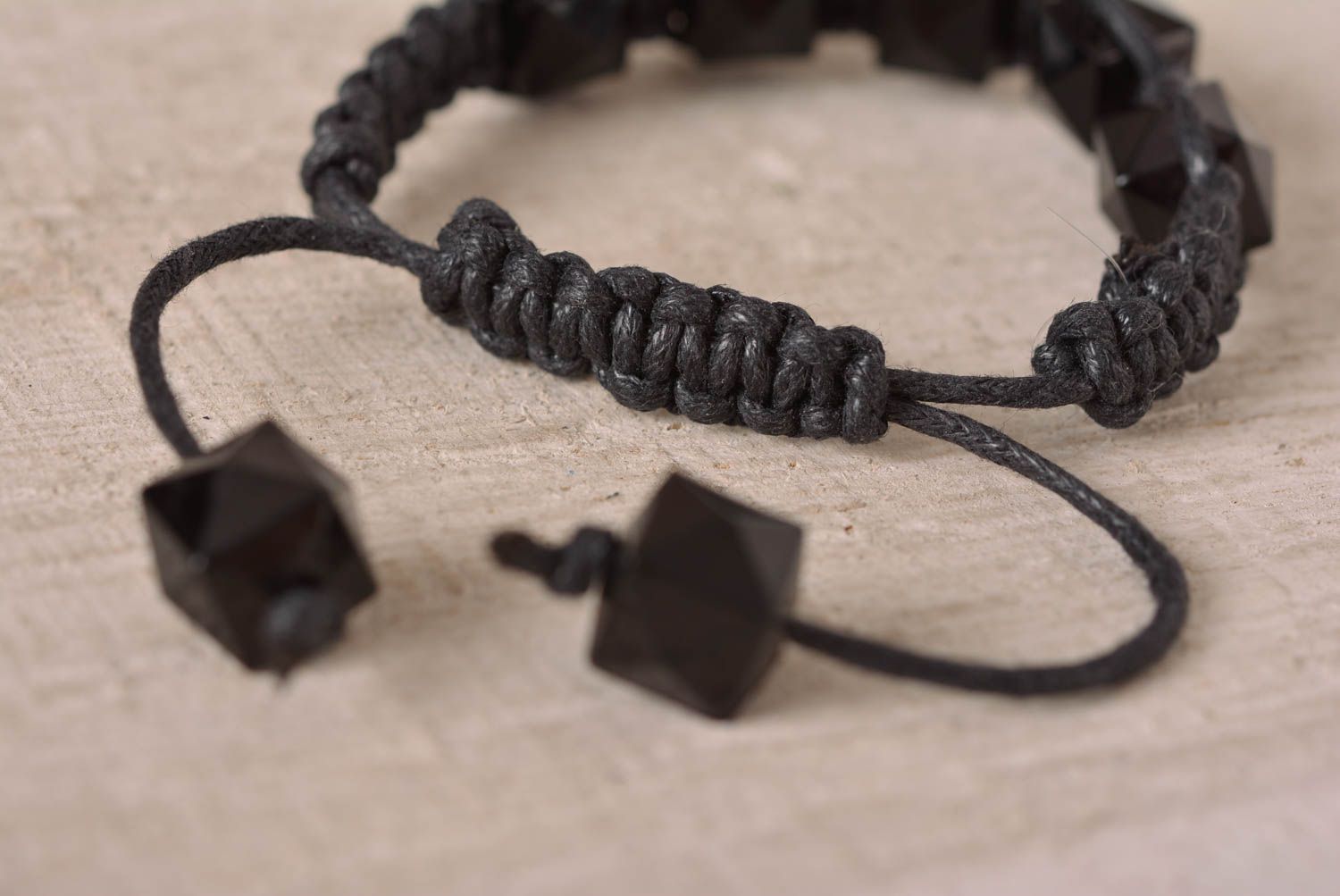 Black cord square black beads strand bracelet for men photo 4