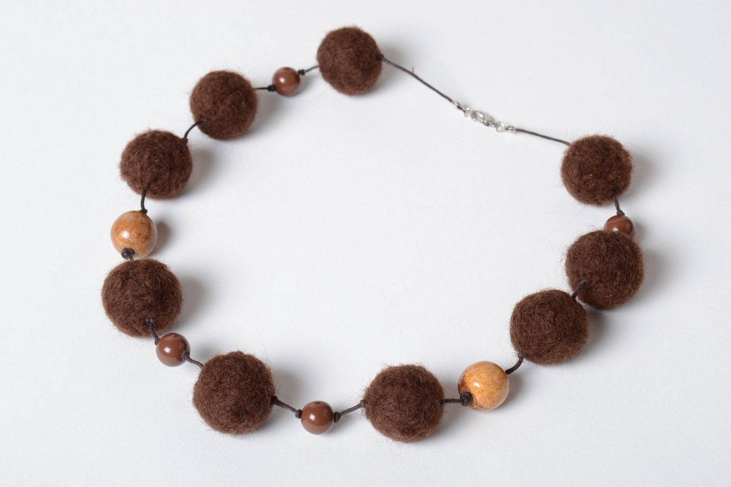 Brown handmade designer wool ball necklace created using needle felting technique photo 2