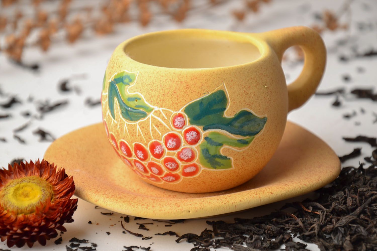 Art clay ceramic 5 oz cup with handle, saucer, and floral pattern photo 1