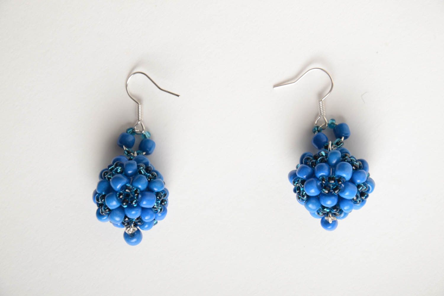 Handmade designer ball shaped dangling earrings crocheted of blue Czech beads photo 5