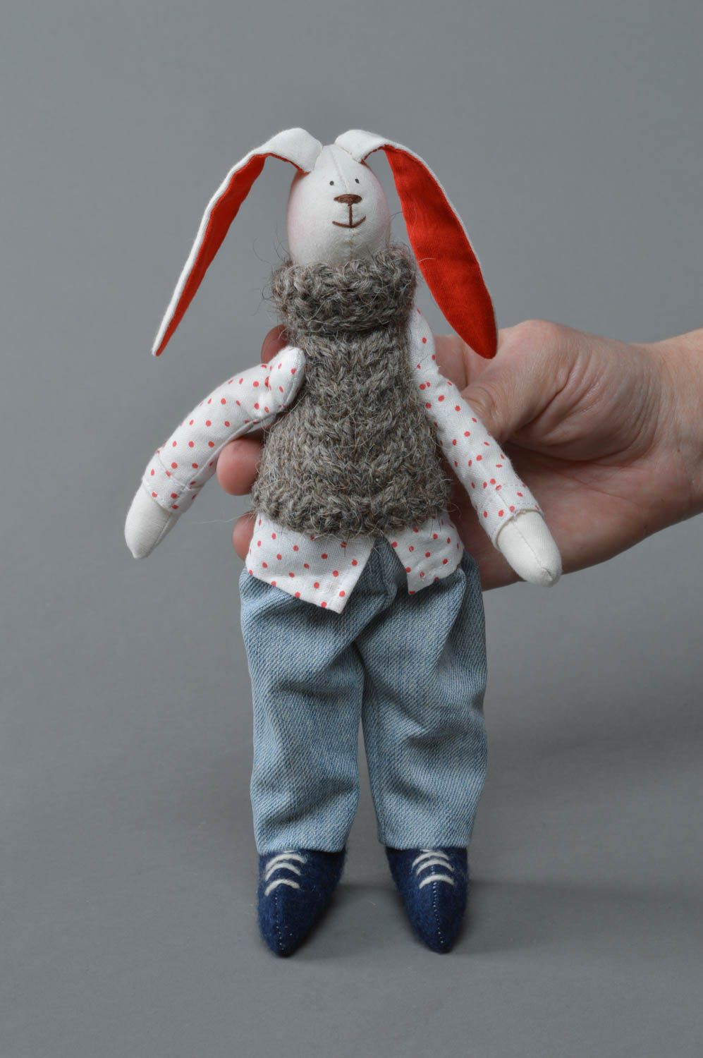 Handmade designer fabric soft toy white rabbit in jeans and gray knit sweater  photo 4