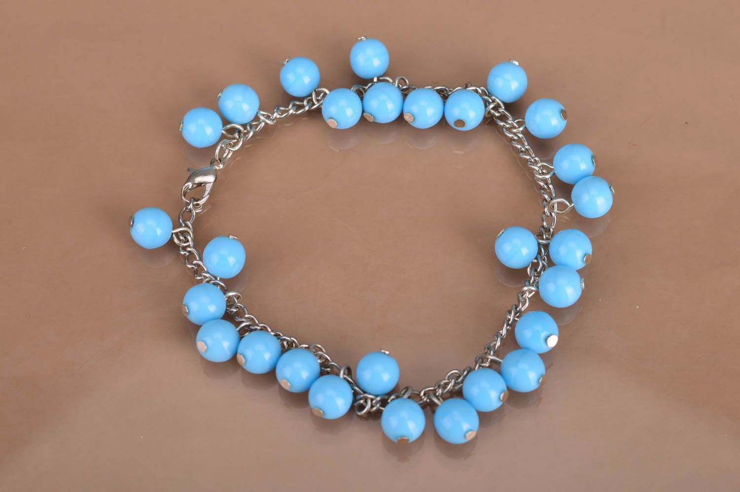 Handmade designer metal chain women's wrist bracelet with blue round beads photo 2