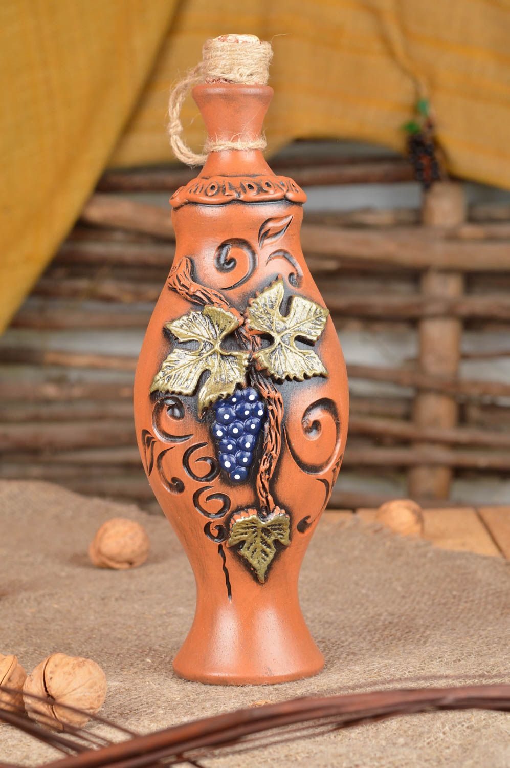 30 oz ceramic bottle shape wine carafe with grapes' pattern 1,23 lb photo 1