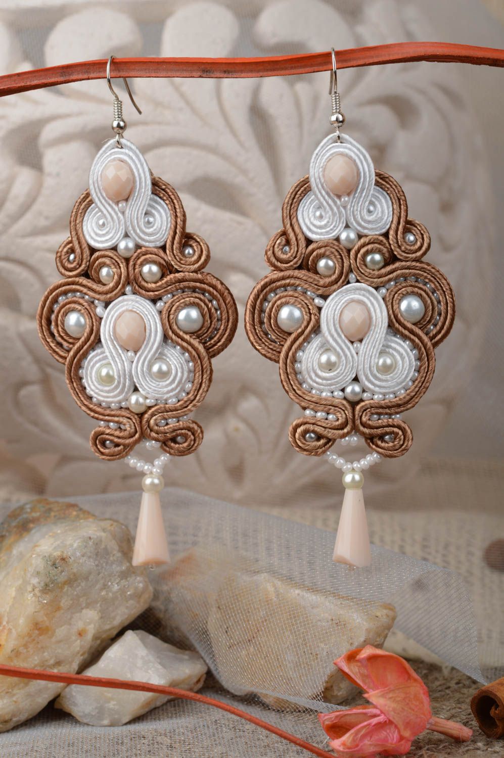 Beautiful handmade designer long soutache earrings of white and creme colors photo 1