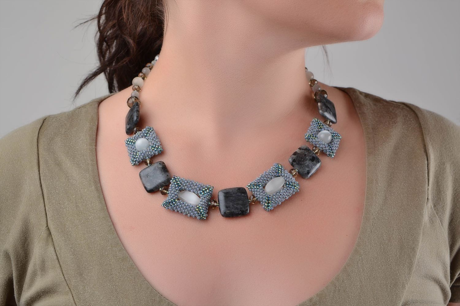 Handmade natural stone and bead woven necklace in severe gray color palette photo 1