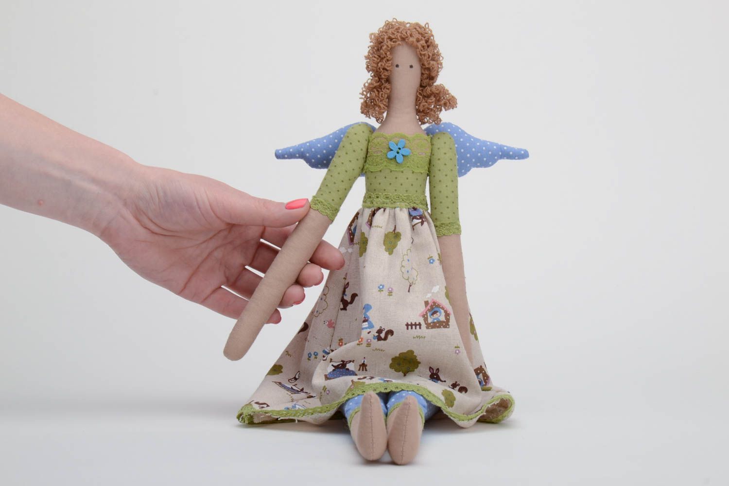 Handmade designer cotton fabric soft doll angel girl with blue wings for children photo 5