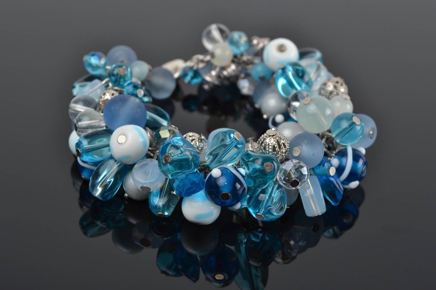 Beautiful homemade marine wrist bracelet with rock crystal and glass beads photo 6