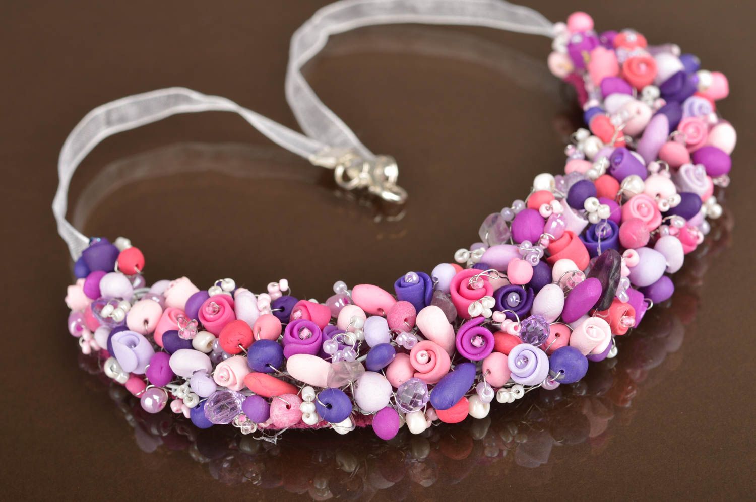 Handmade designer flower necklace collar made of polymer clay summer jewelry photo 3