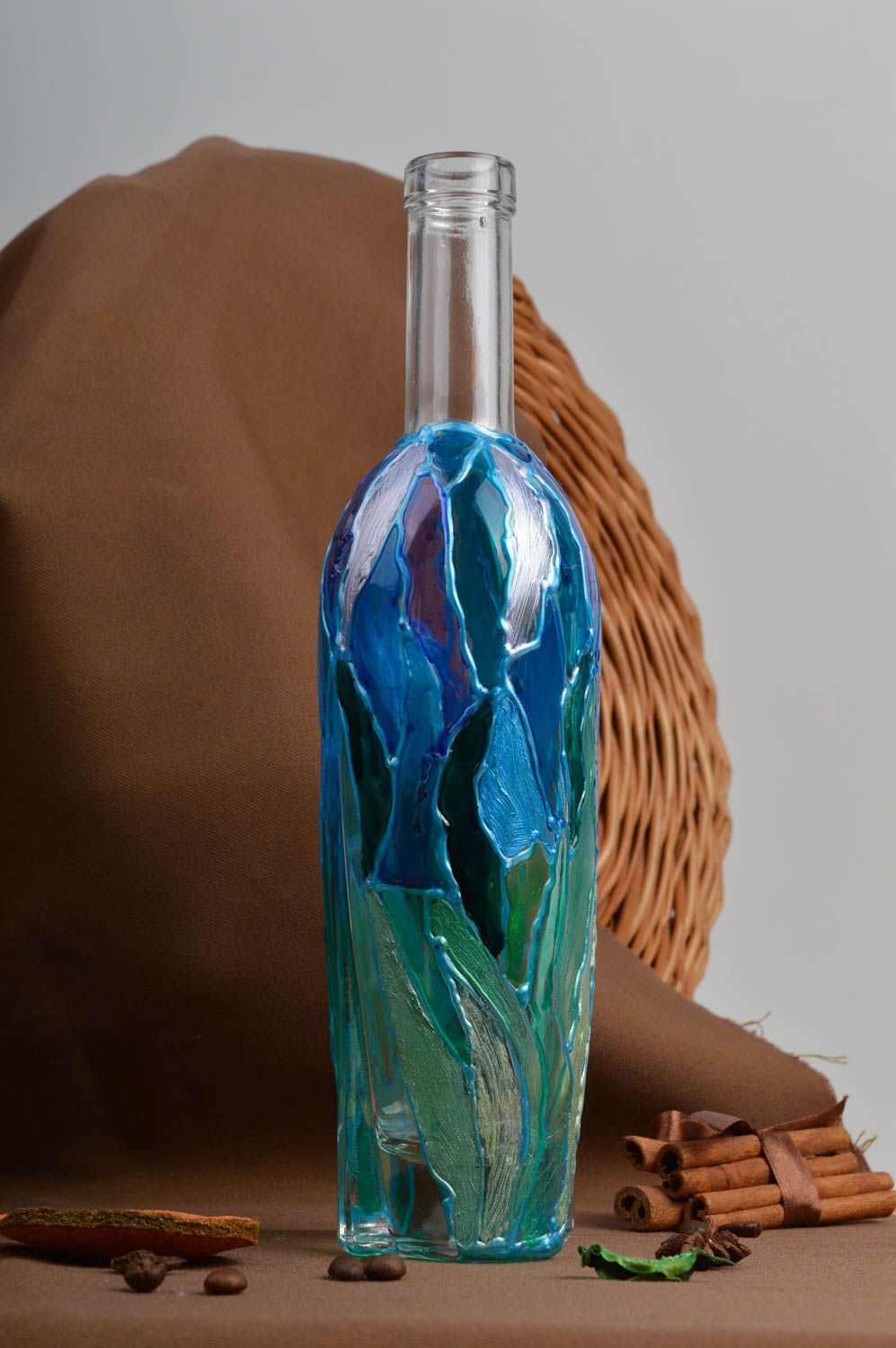Vase handmade Wohnzimmer Dekor Bemalte Vase blau grell Vase aus Glas 700 ml foto 1
