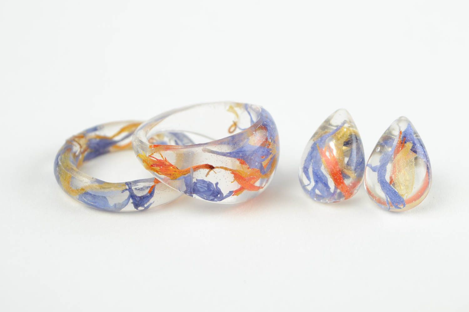 Handmade real flower jewelry set 2 rings for women epoxy resin stud earrings photo 1