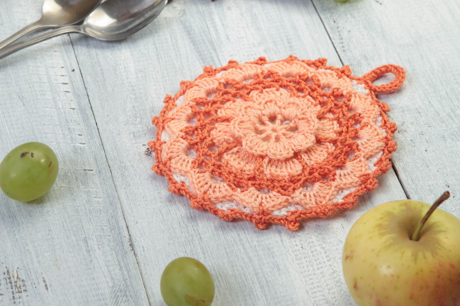 Handmade runder Topflappen gehäkelt Küchen Textilien Haus Deko orange mit Blume foto 1