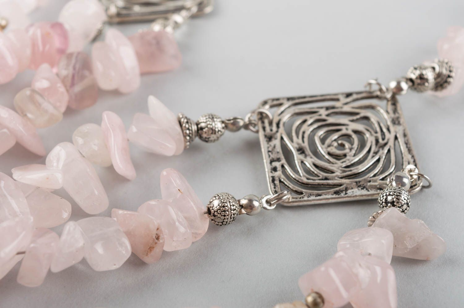 Handmade designer multi row necklace with pink quartz and metal elements photo 5