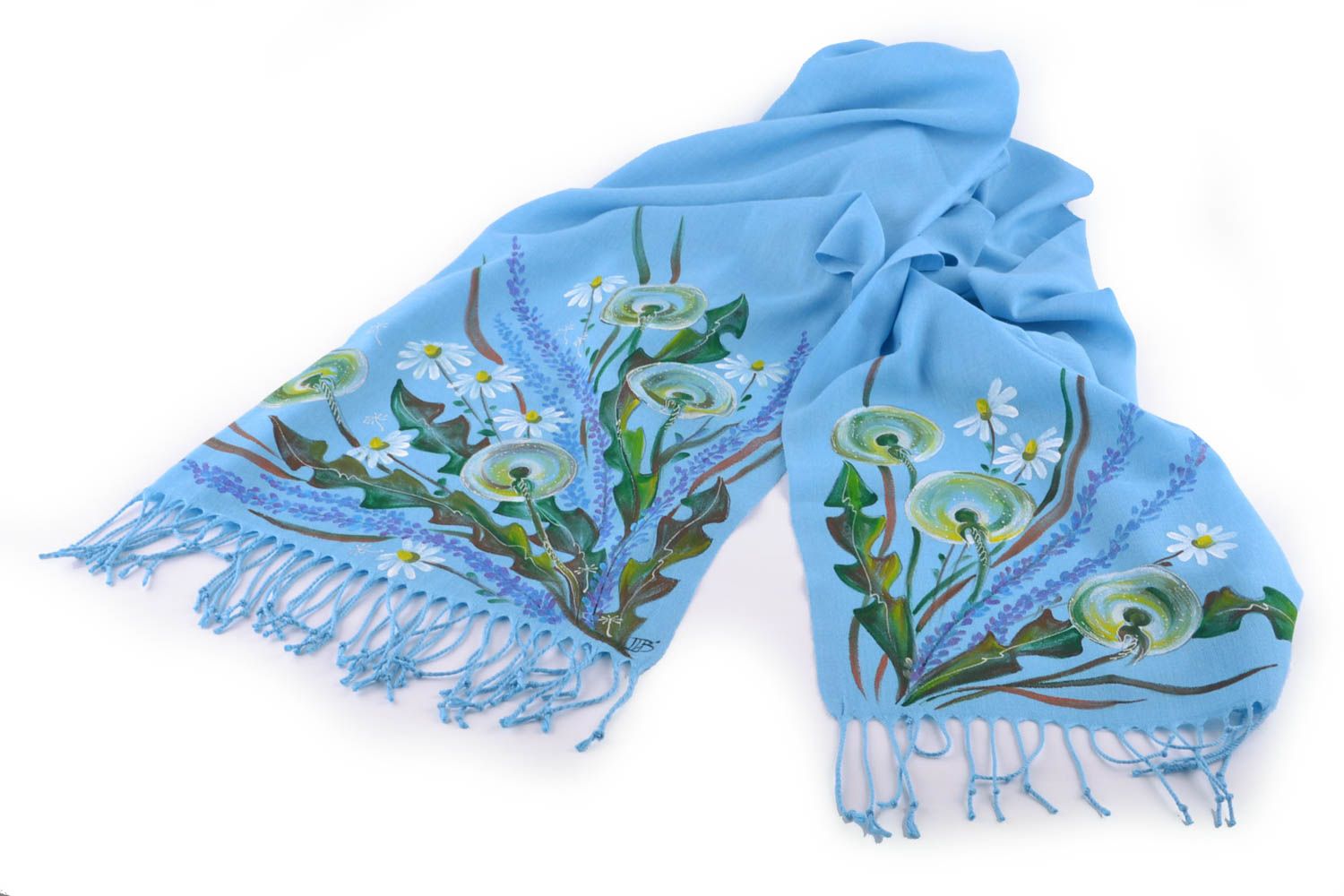 Blauer Schal aus Kaschmir mit Bemalung Löwenzahn foto 4