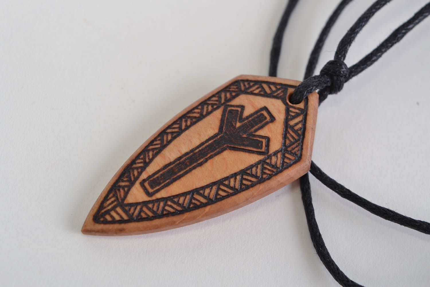 Handmade designer wooden pendant necklace with pyrography in ethnic style Shield photo 4