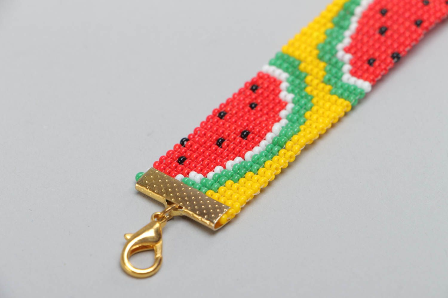 Beaded hand-woven bright bracelet with pattern of yellow watermelon present for girl photo 3