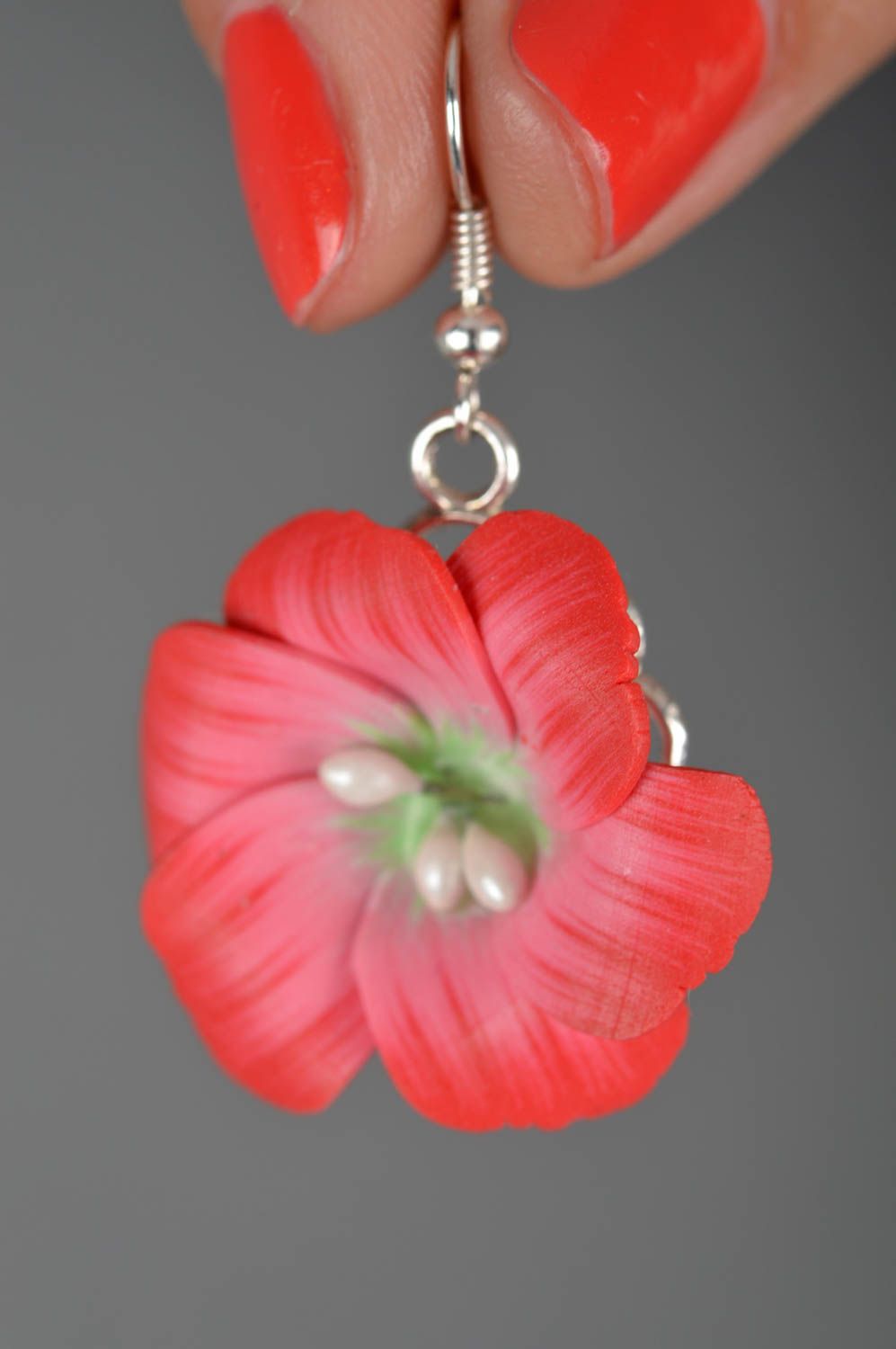 Handmade designer polymer clay earrings with red flowers summer jewelry photo 3