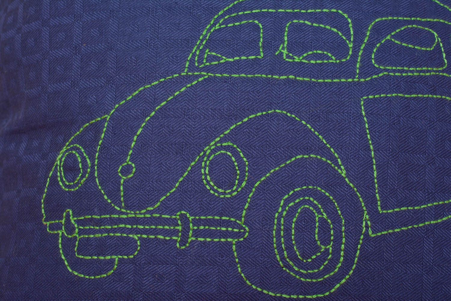 Handmade designer satin blue pillow case with embroidered car photo 3