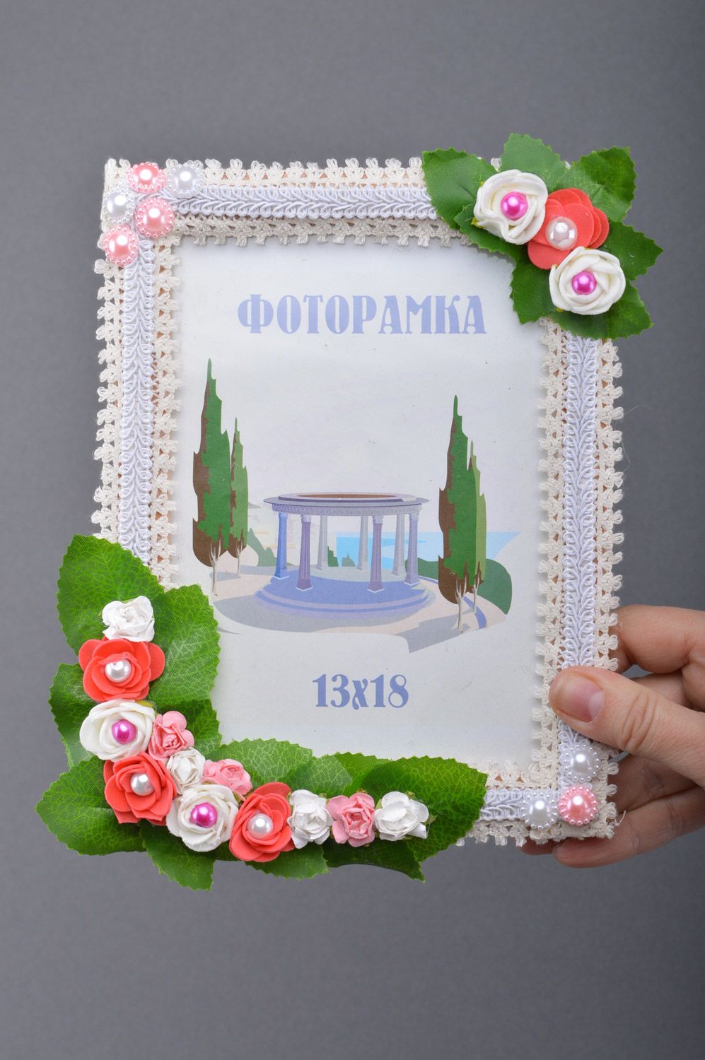 Handmade rectangular tender wooden photo frame with flowers for table decoration photo 4