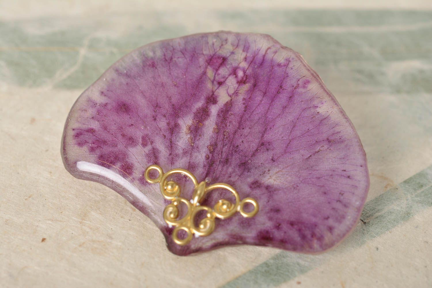 Beautiful handmade designer violet brooch with dried flowers and epoxy coating photo 1