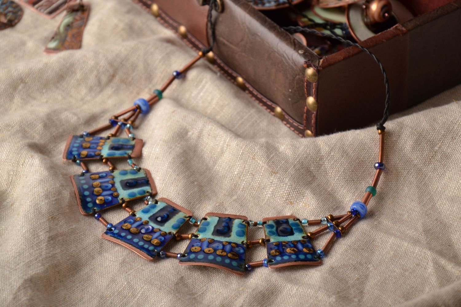 Copper necklace painted with enamels in ethnic style photo 1