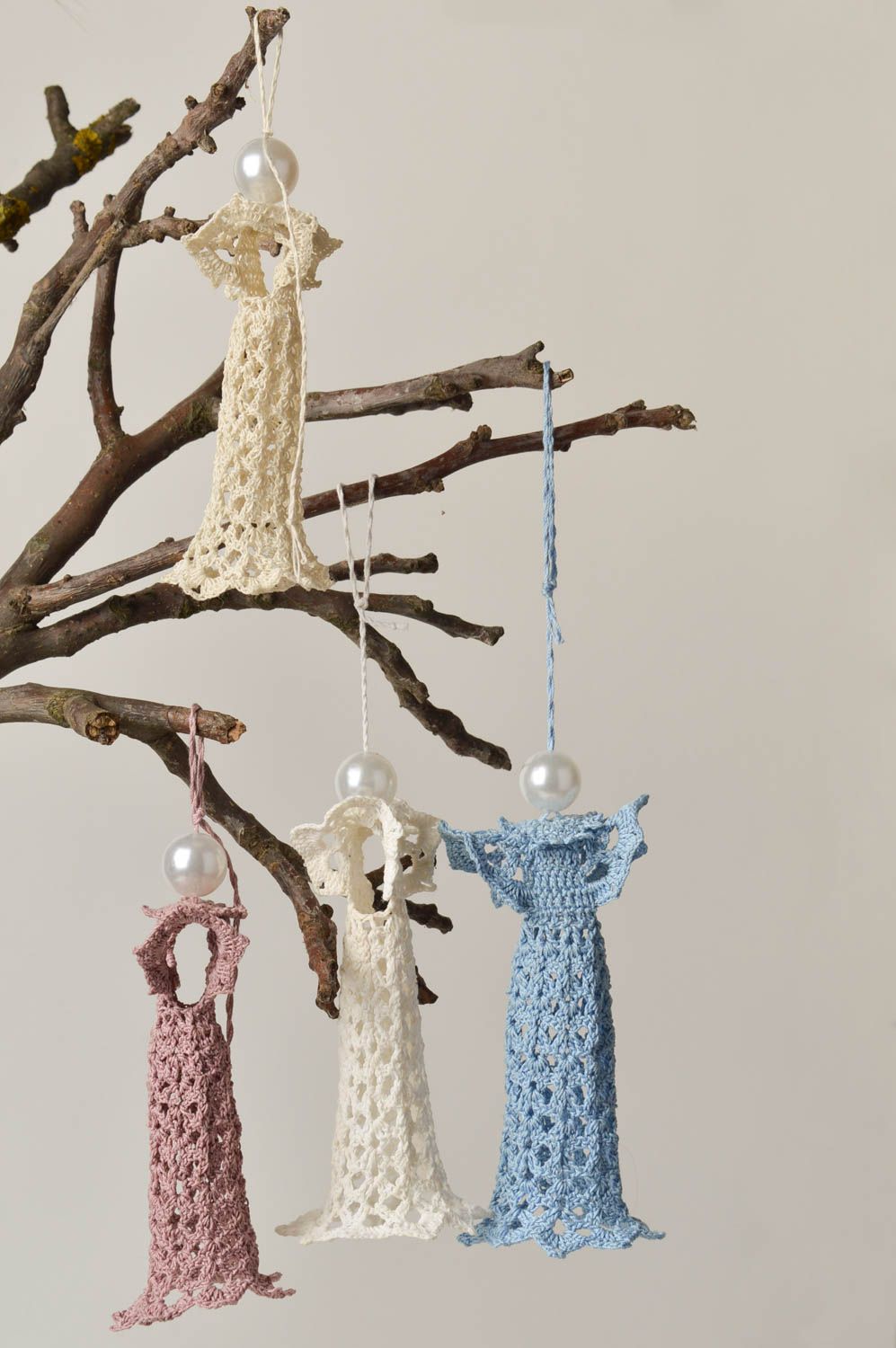 Handmade pendant for wall decor ideas 4 items crocheted angel Christmas toy photo 1