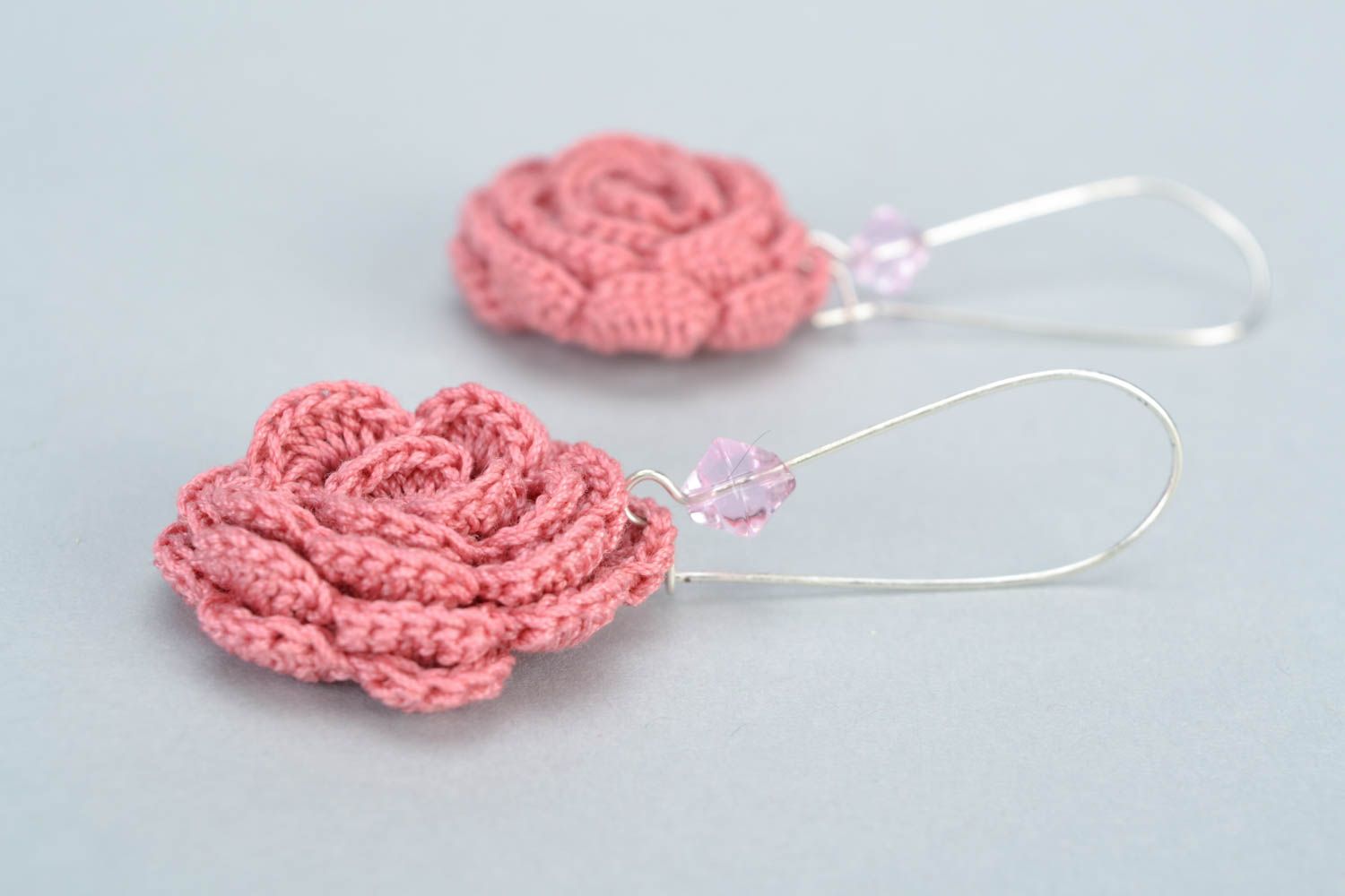 Handmade dangling earrings crocheted of cotton threads pink flowers with beads photo 5