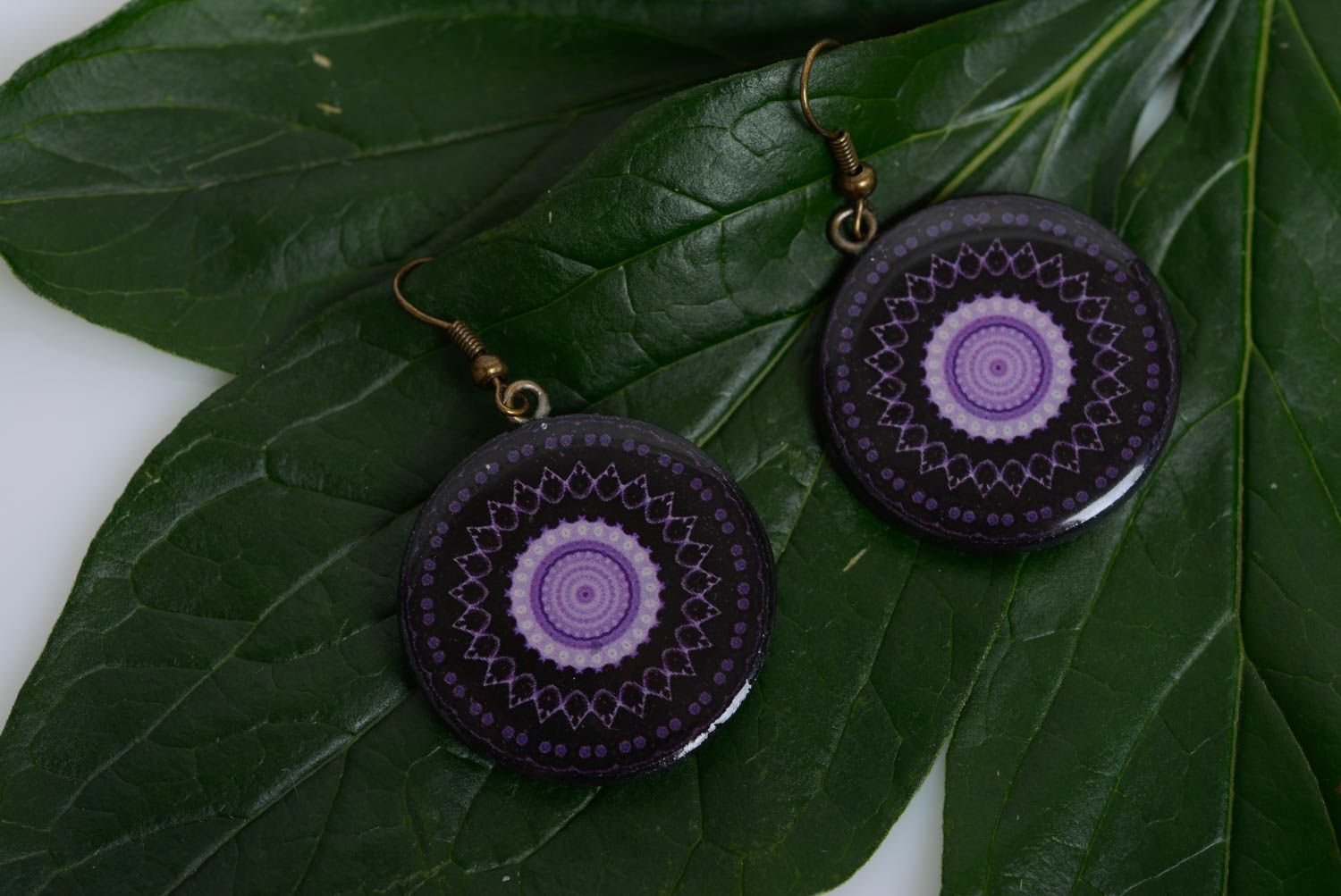 Earrings made of polymer clay with decoupage handmade black with purple jewelry photo 4