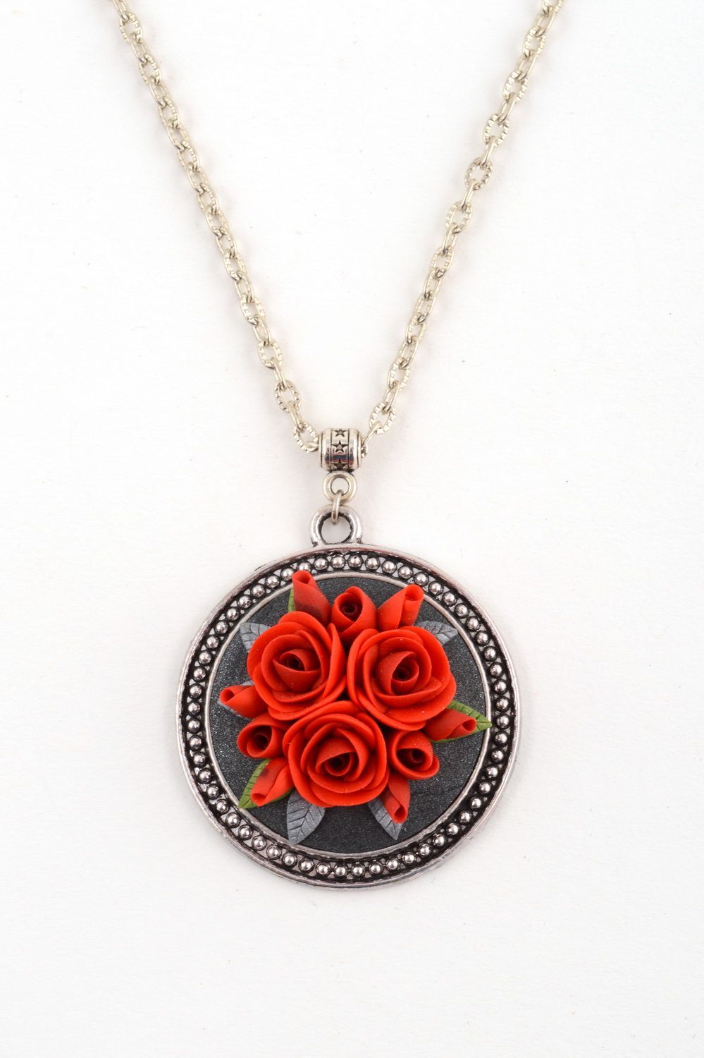 Handmade round metal pendant on chain with small polymer clay red rose flowers photo 2