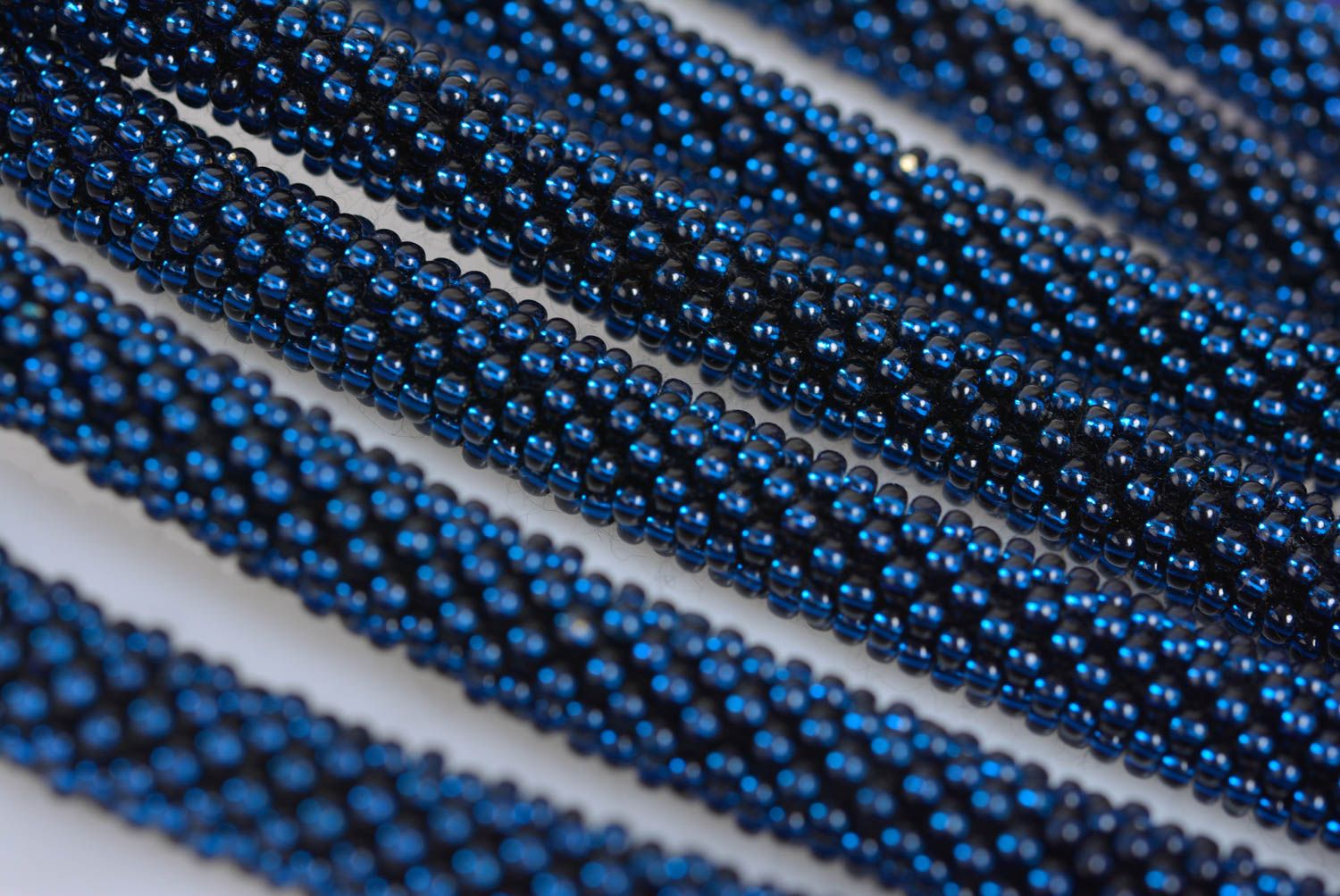 Handmade long laconic designer dark blue bead woven cord necklace for women photo 5