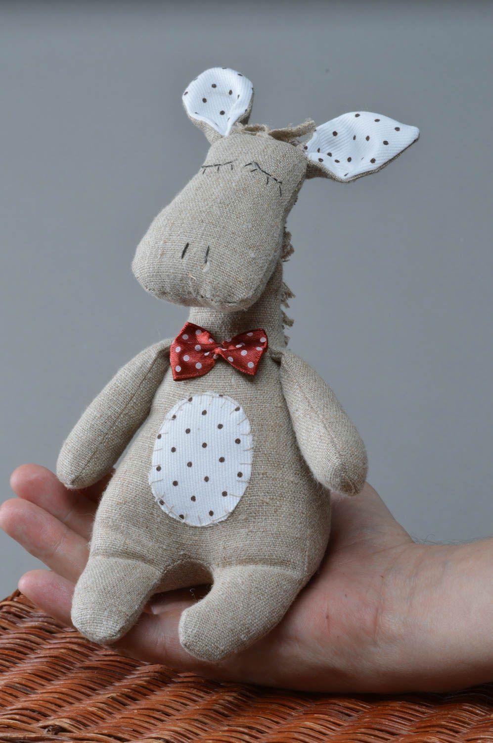 Handmade designer fabric soft toy donkey with polka dot bow tie for kids and decor photo 4