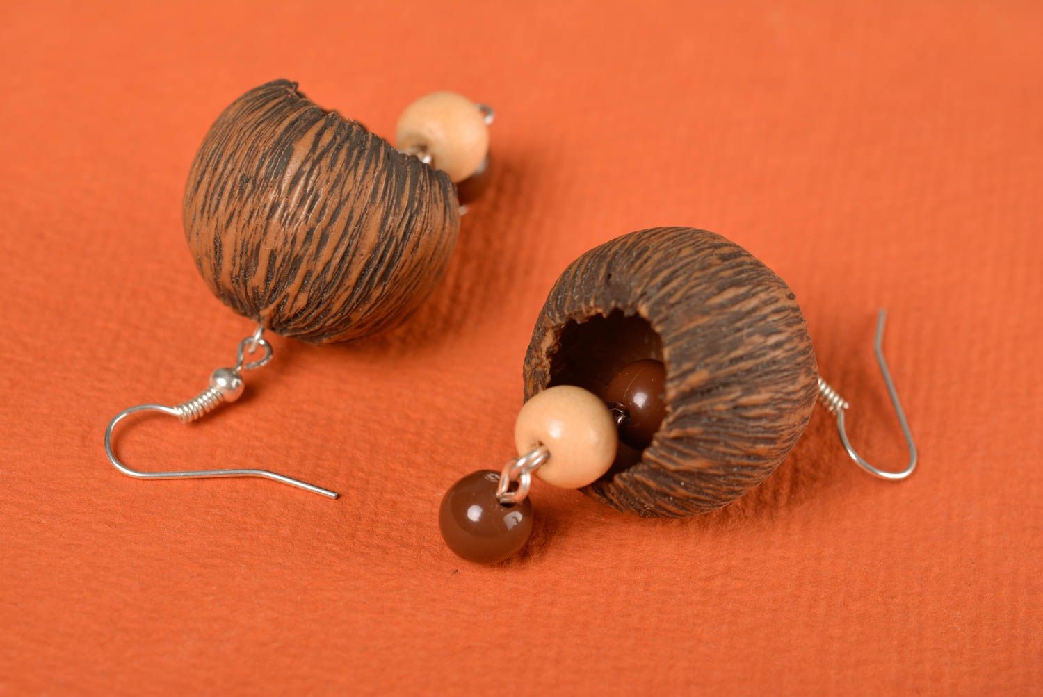 Designer brown handmade earrings made of polymer clay with beads photo 4