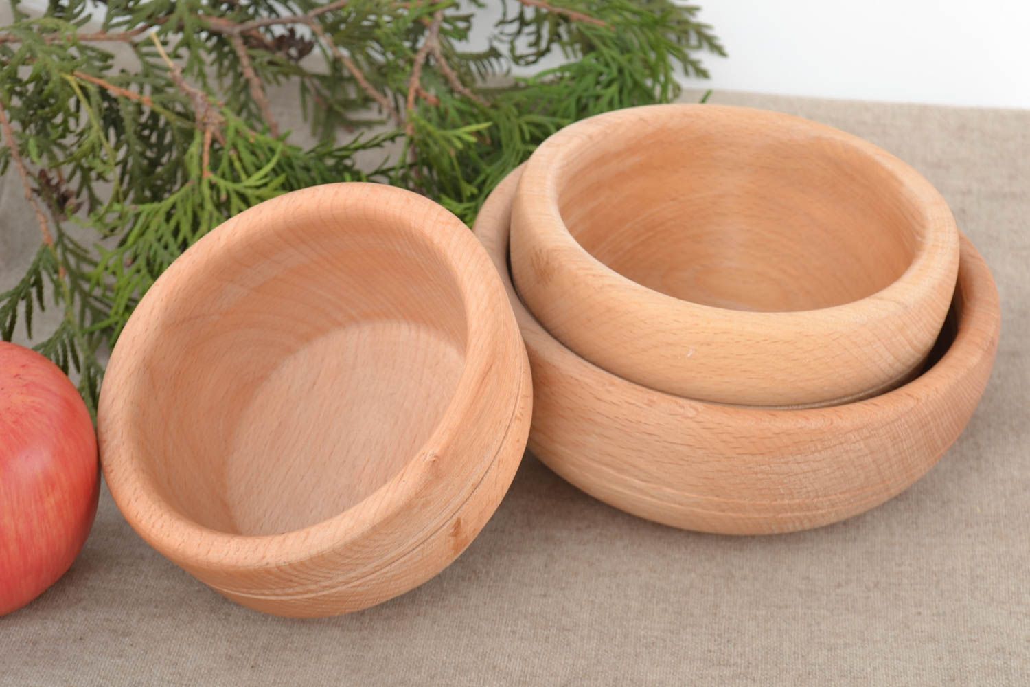 Set of 3 handmade carved simple light wooden bowls of different sizes  photo 1