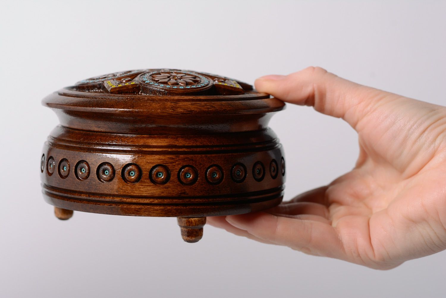Handmade round wooden jewelry box on legs with art carving and bead inlay photo 5