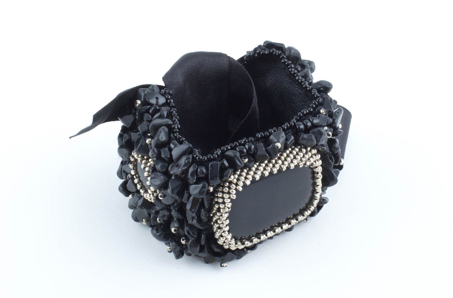Bracelet large noir Accessoire fait main agate perles de rocaille Cadeau femme photo 2