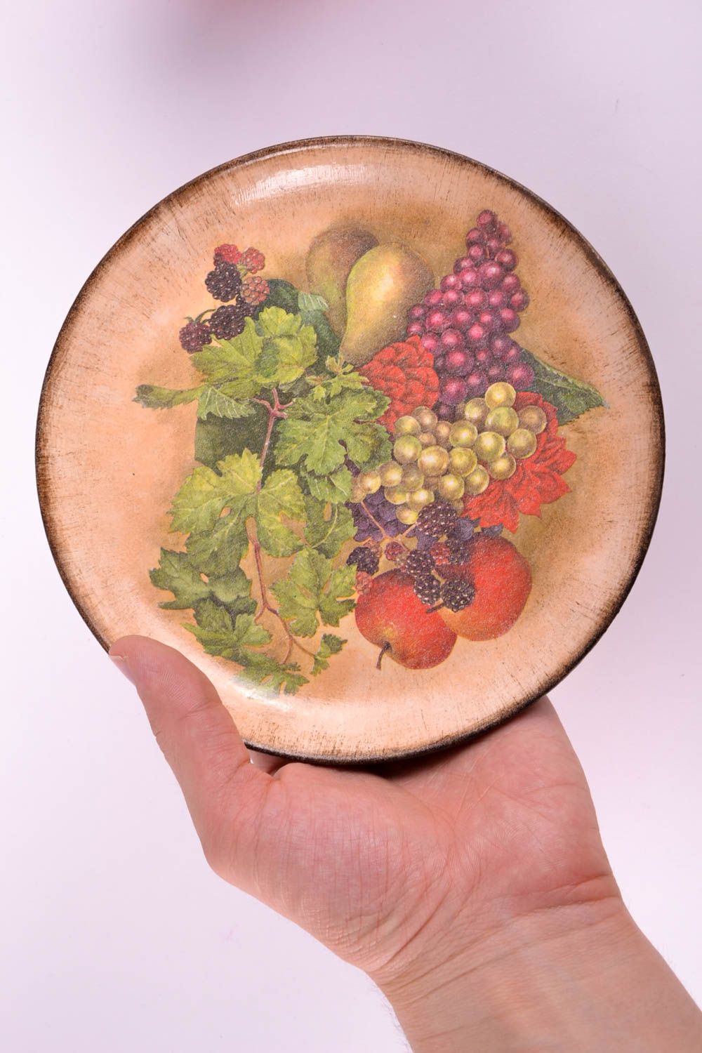 Decorative handmade plate beautiful decoupage wall plate with fruit paintings photo 2
