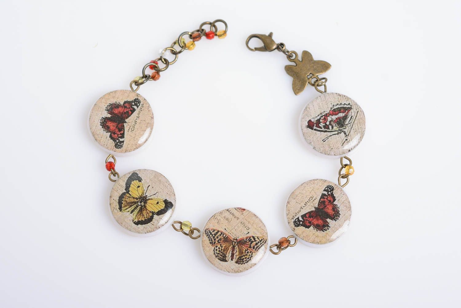Polymer clay bracelet bright butterfly with decoupage and chain designer jewelry photo 1