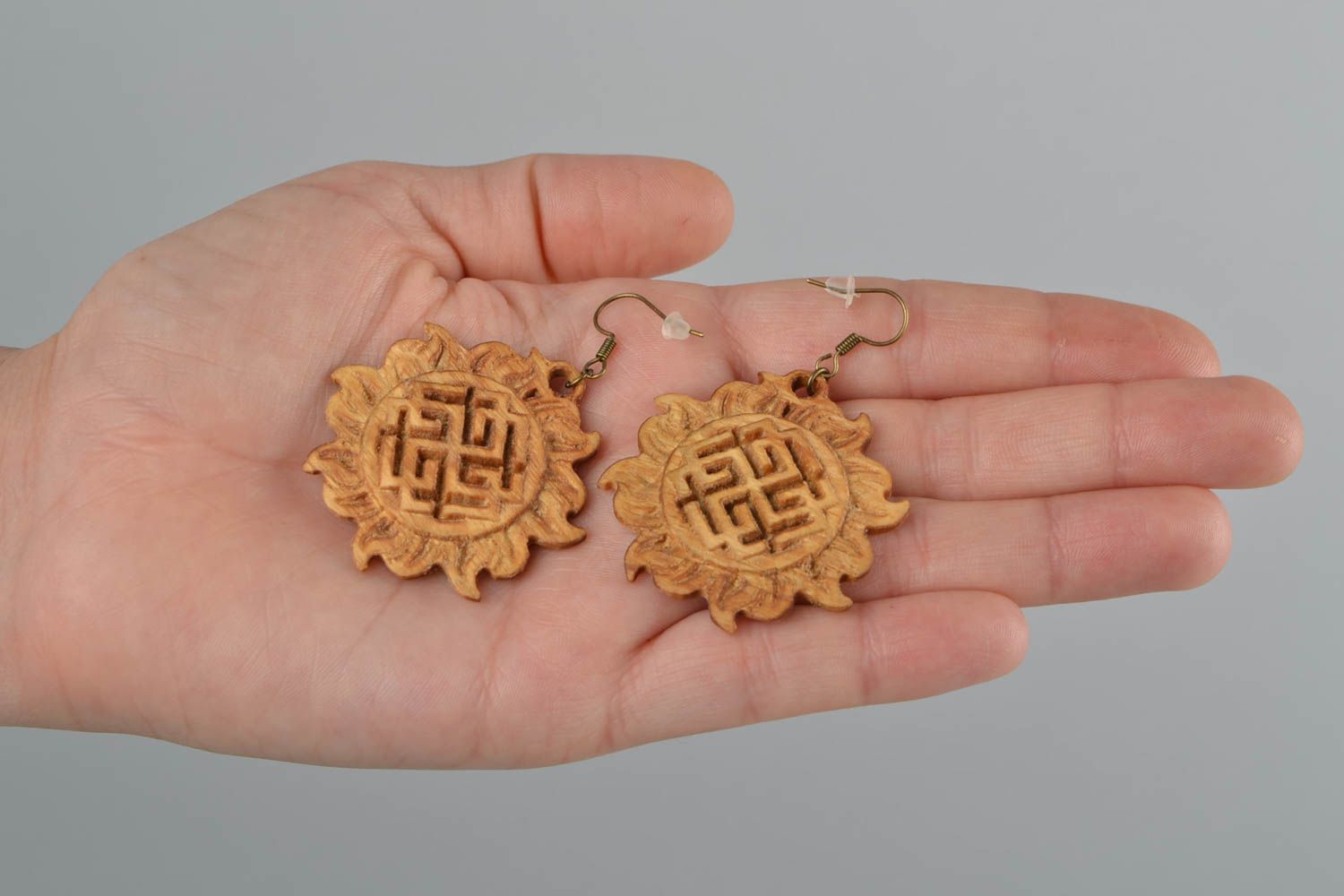 Handmade carved wooden dangle earrings with Slavic symbols  photo 2