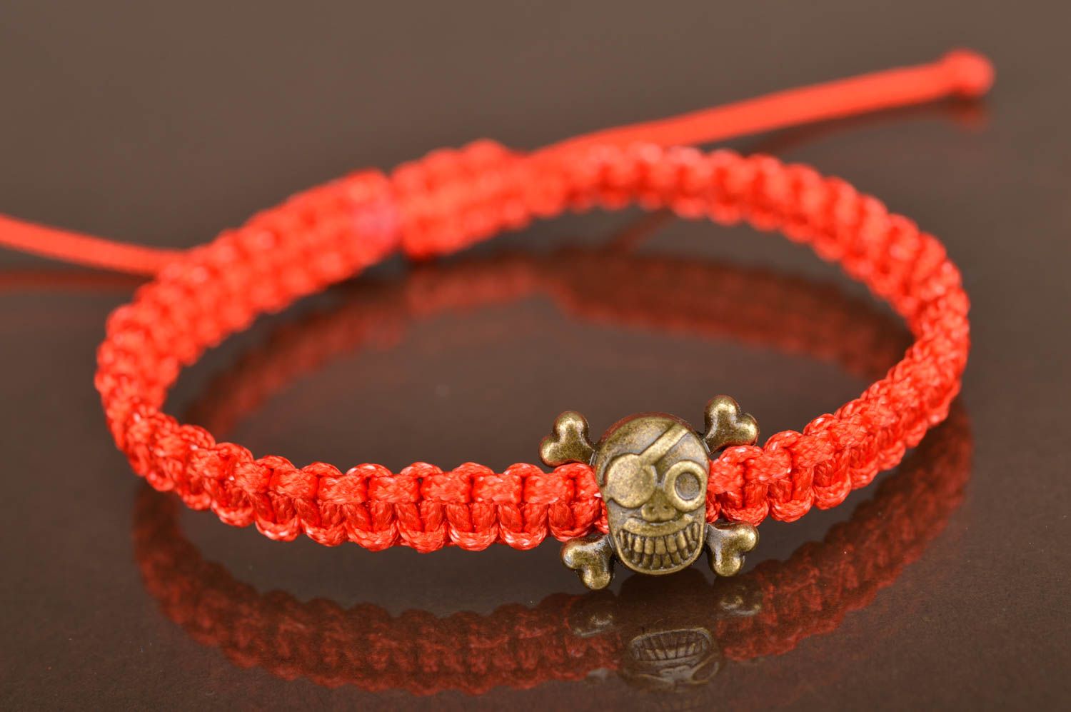 Unusual beautiful handmade designer friendship bracelet woven of red threads  photo 3