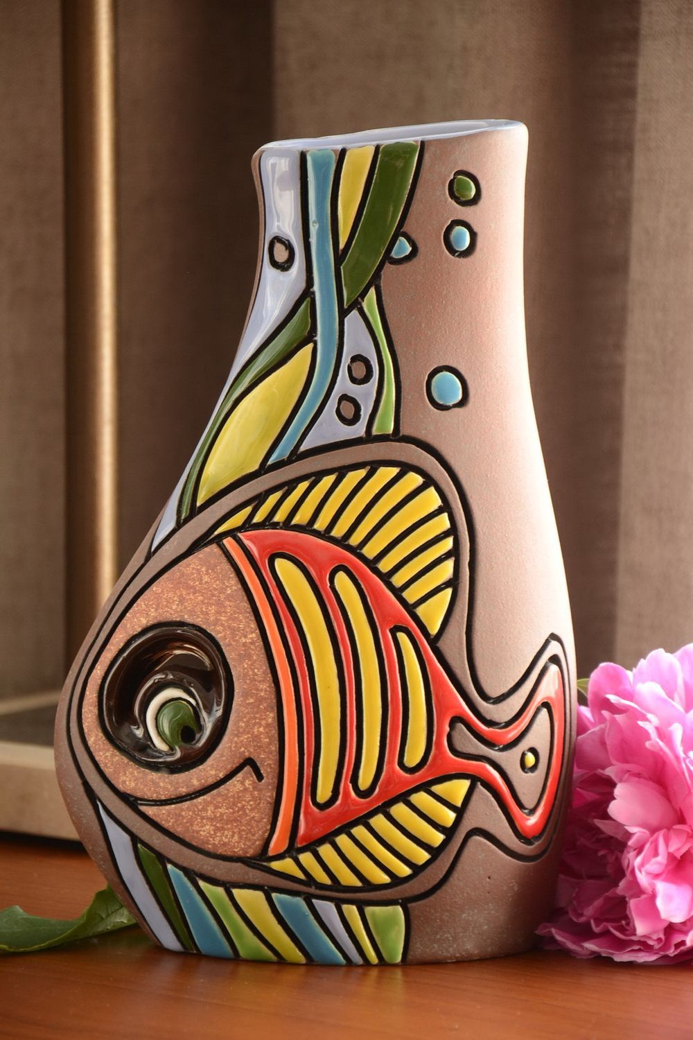 Vase décoratif fait main en mi-porcelaine original peint pour fleurs Poisson 2 L photo 1