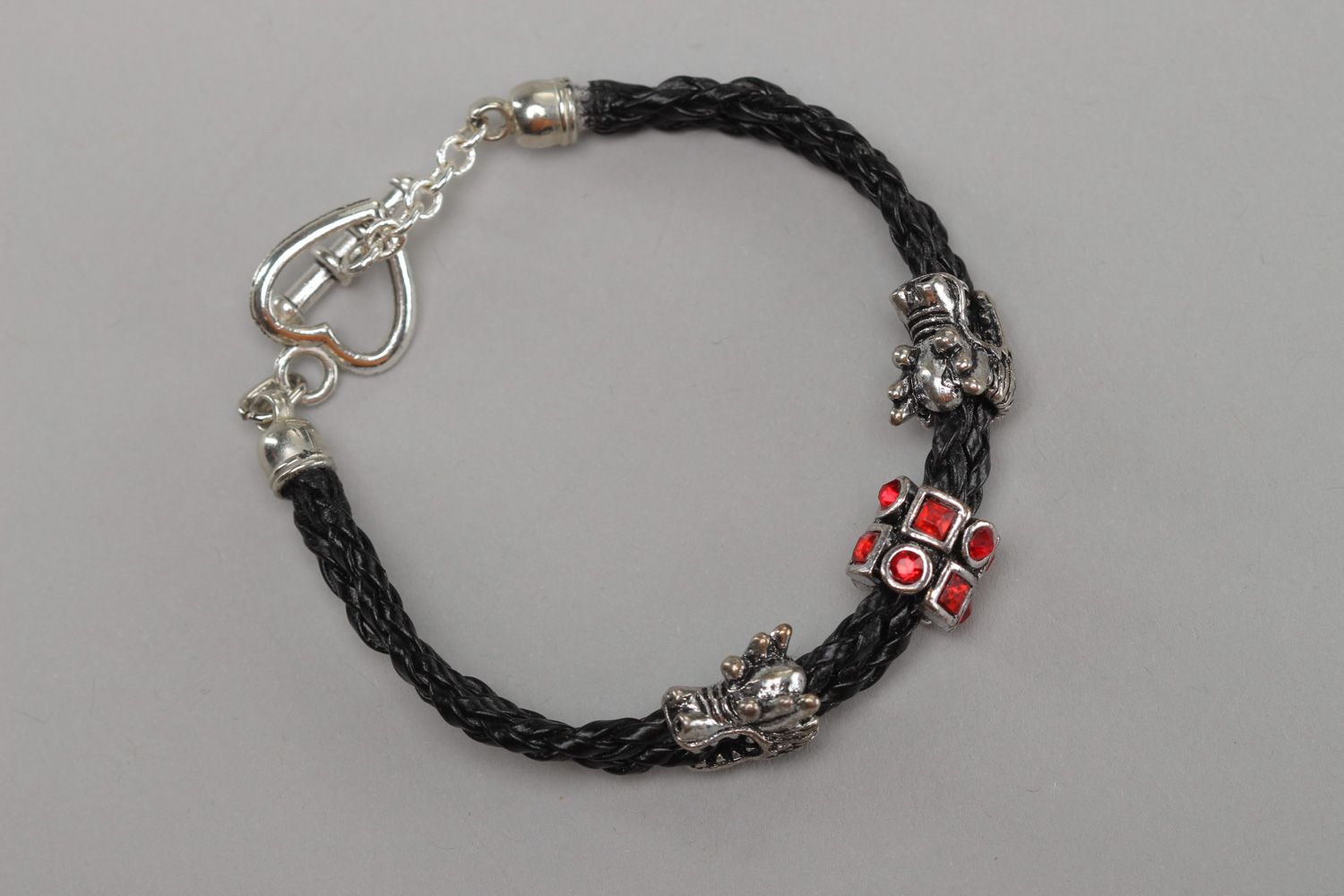 Thin black handmade faux leather bracelet with metal charms in Orient style photo 2