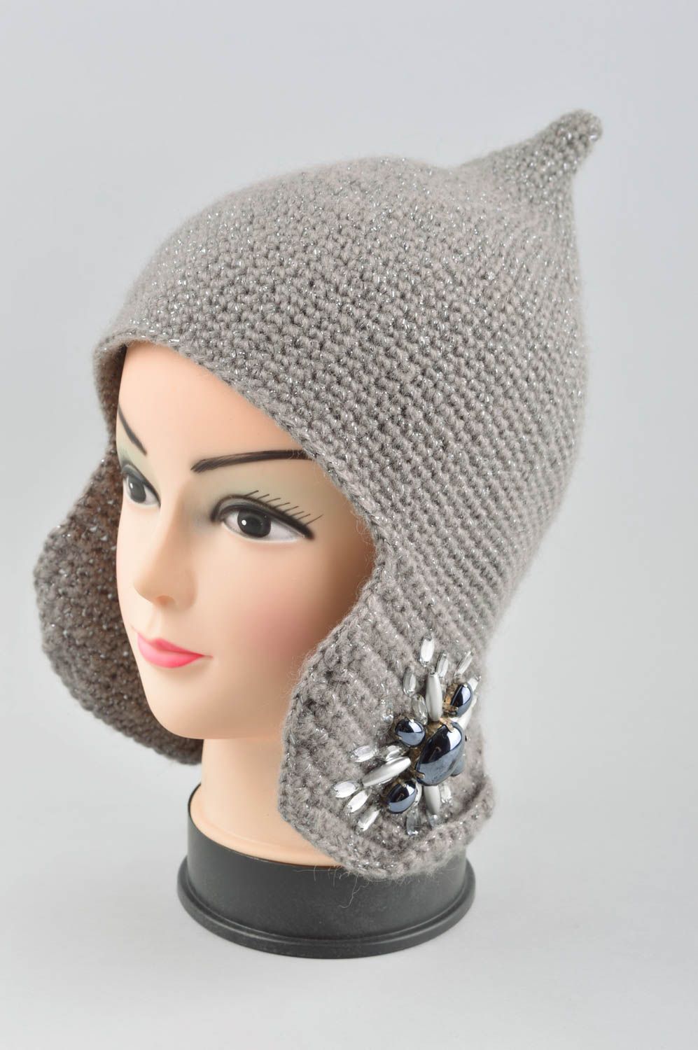 Handmade designer female cap unusual knitted hat stylish winter accessory photo 2