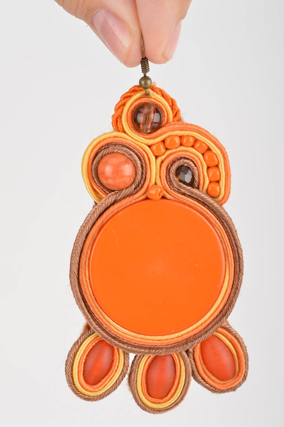 Unusual handmade long orange soutache earrings with beads designer jewelry photo 3