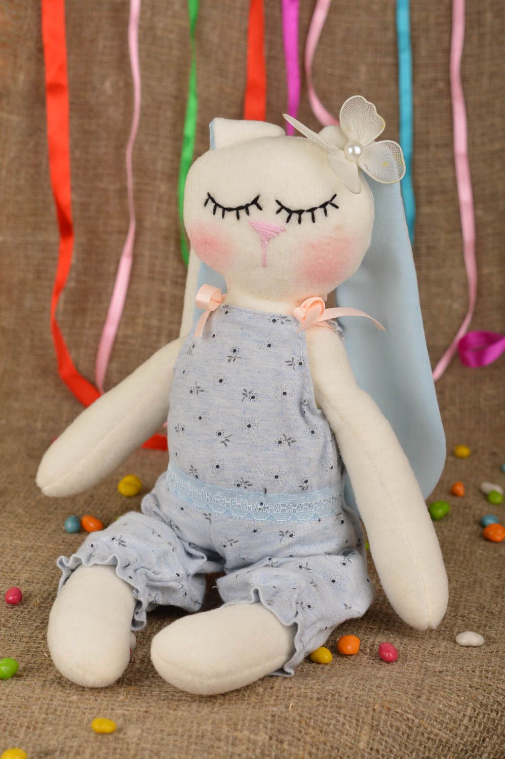 Handmade designer cotton fabric soft toy tender rabbit in blue overall photo 1