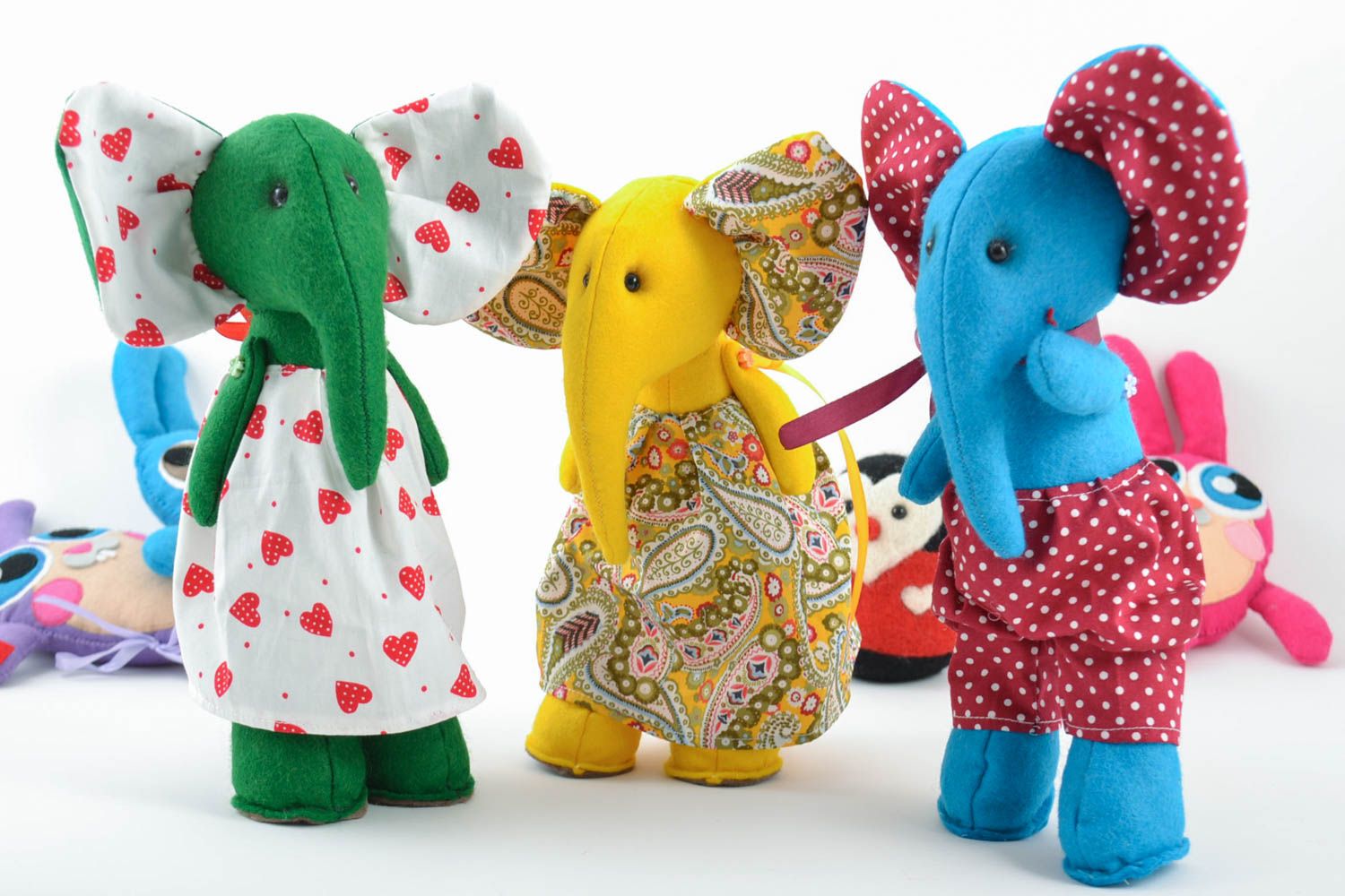 Beautiful handmade felt soft toys set 3 pieces Elephants blue green and yellow photo 1